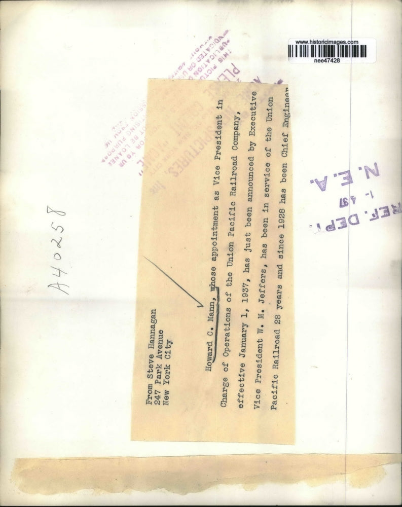 1937 Press Photo Howard C Mann, appointed VP in charge of Operations.