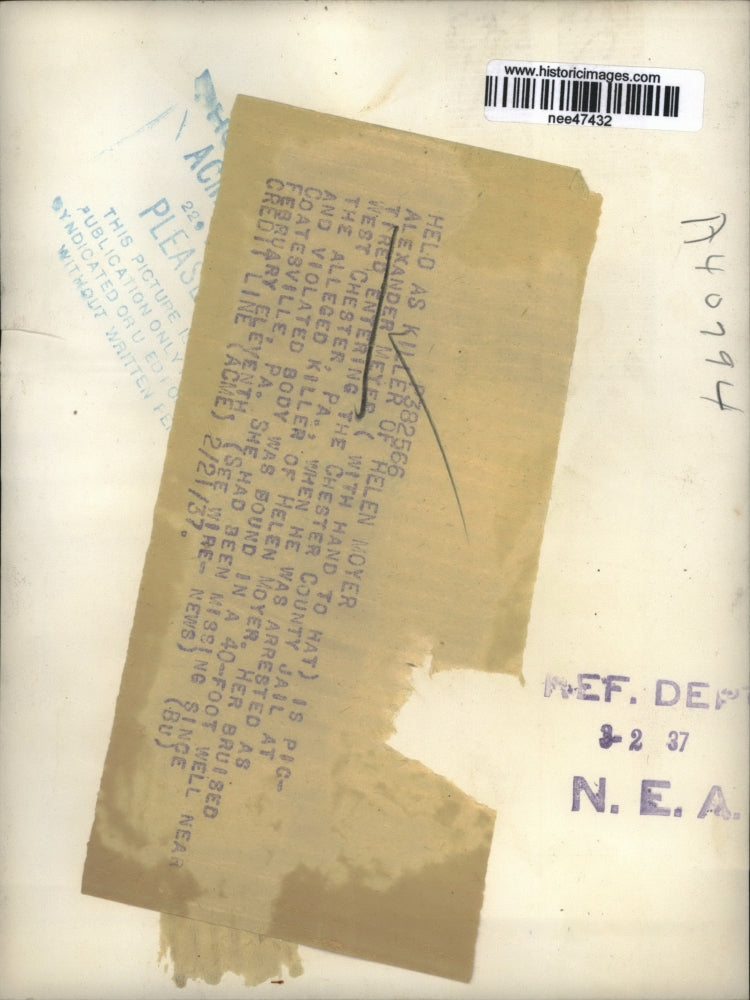 1937 Press Photo Alexander Meyer entering Chester County Jail arrested as killer