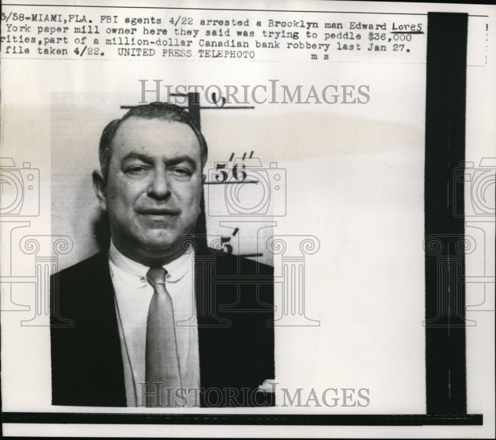 1958 Press Photo of Edward Lores who was trying to sell stolen securities.