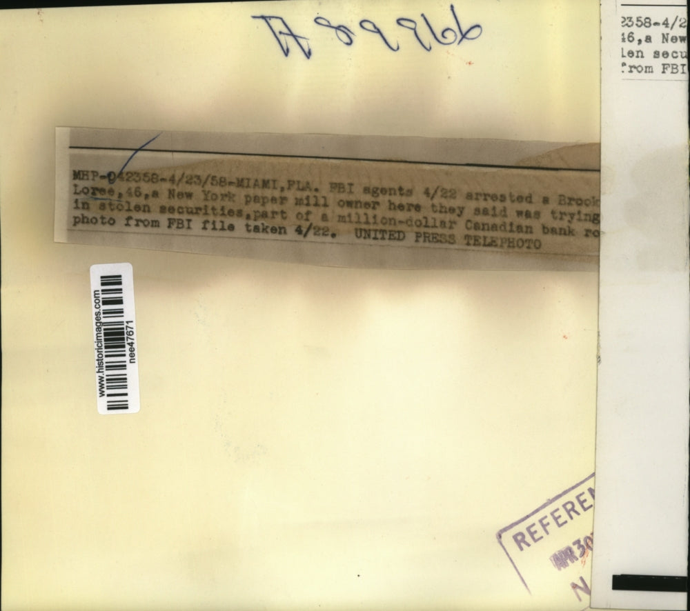 1958 Press Photo of Edward Lores who was trying to sell stolen securities.