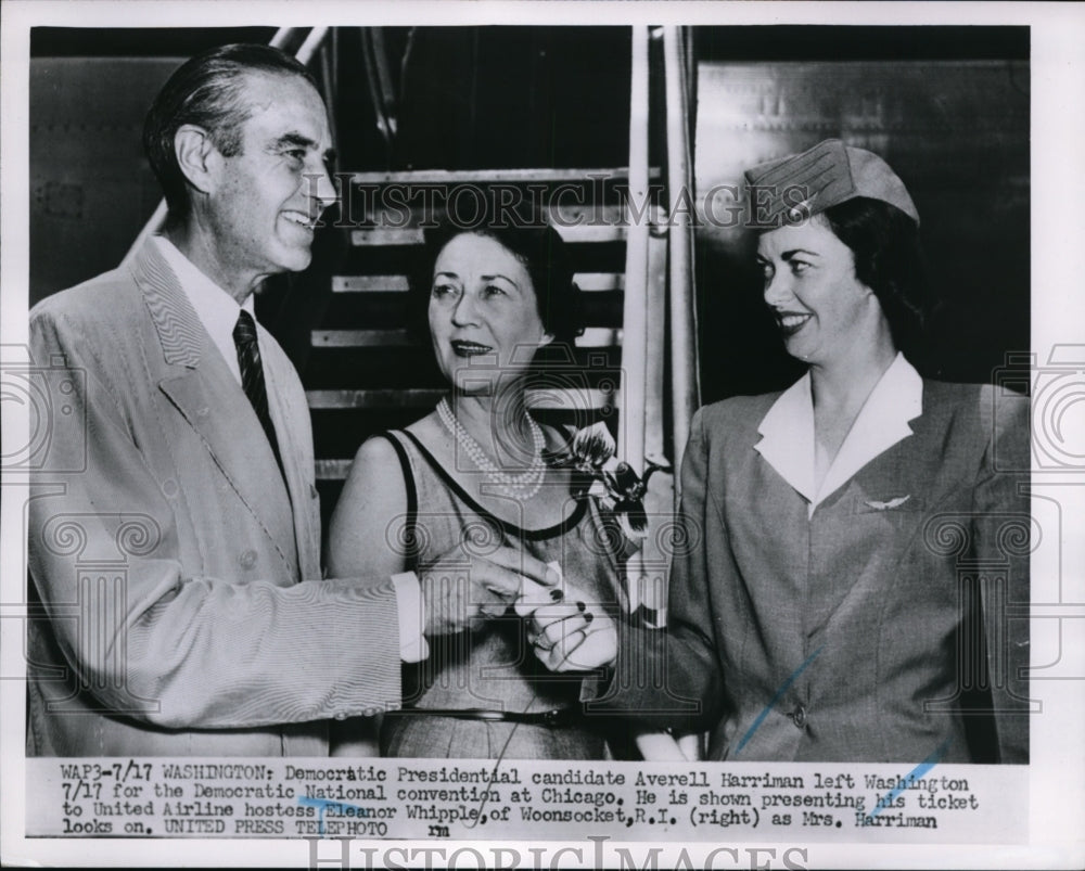 1962 Press Photo New York Governor Averell Harriman, United Airlines Hostess