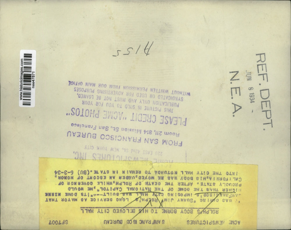 1934 Press Photo Jim Rolph's long service as Mayor brought City Hall.