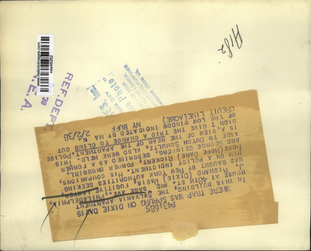 1938 Press Photo of the building where J. Richard "Dixie" Davis was caught by po