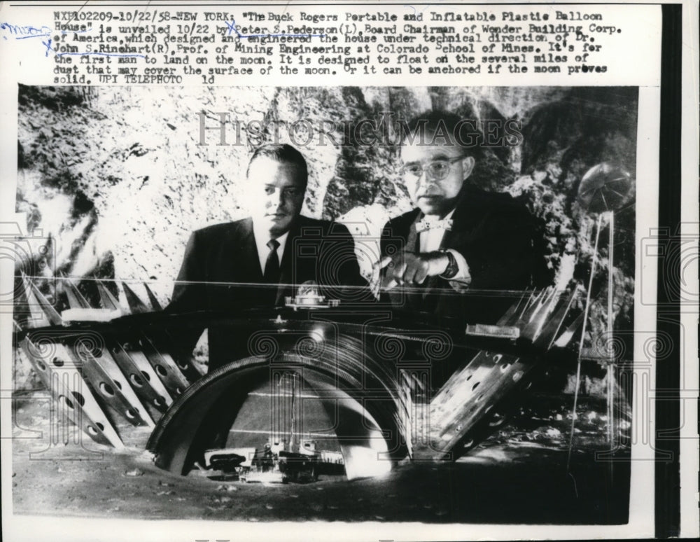 1958 Press Photo Peter S. Pederson, John S. Rinehart Show Floating Moon House