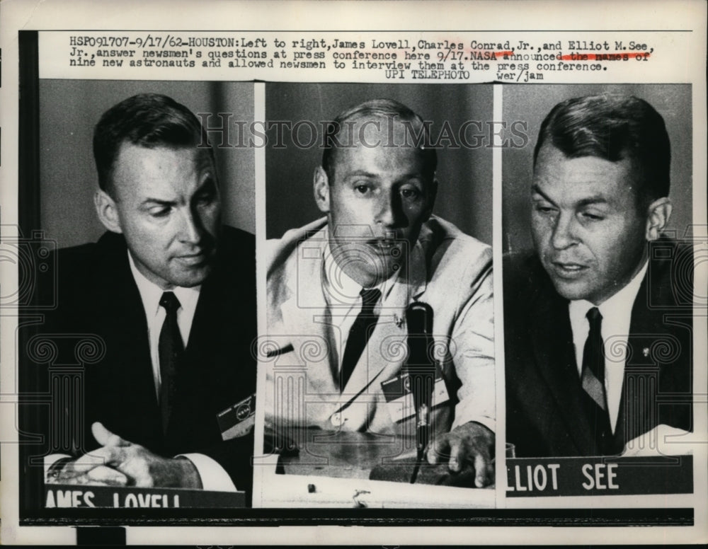 1962 Press Photo Astronauts James Lovell, Charles Conrad Jr., Elliot M. See Jr.- Historic Images