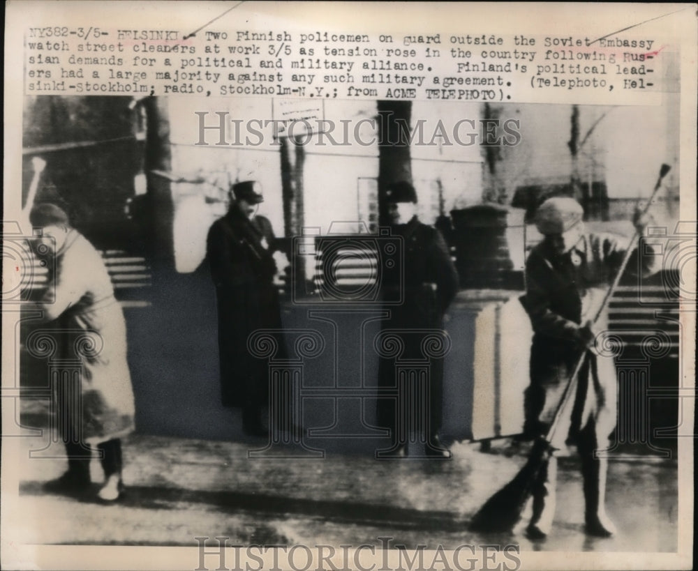 1953 Press Photo Finnish Policemen Guard Soviet Embassy, Helsinki