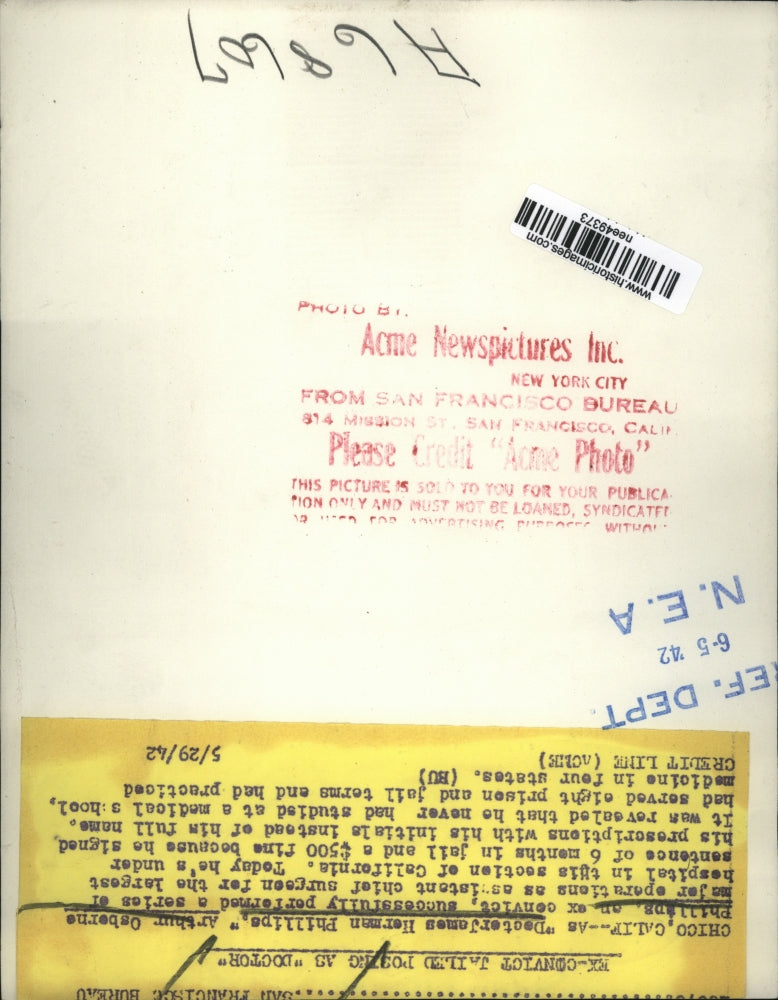 1942 Press Photo Chico Calif. "Doctor James Herman Phillips" Arthur O. Phillips