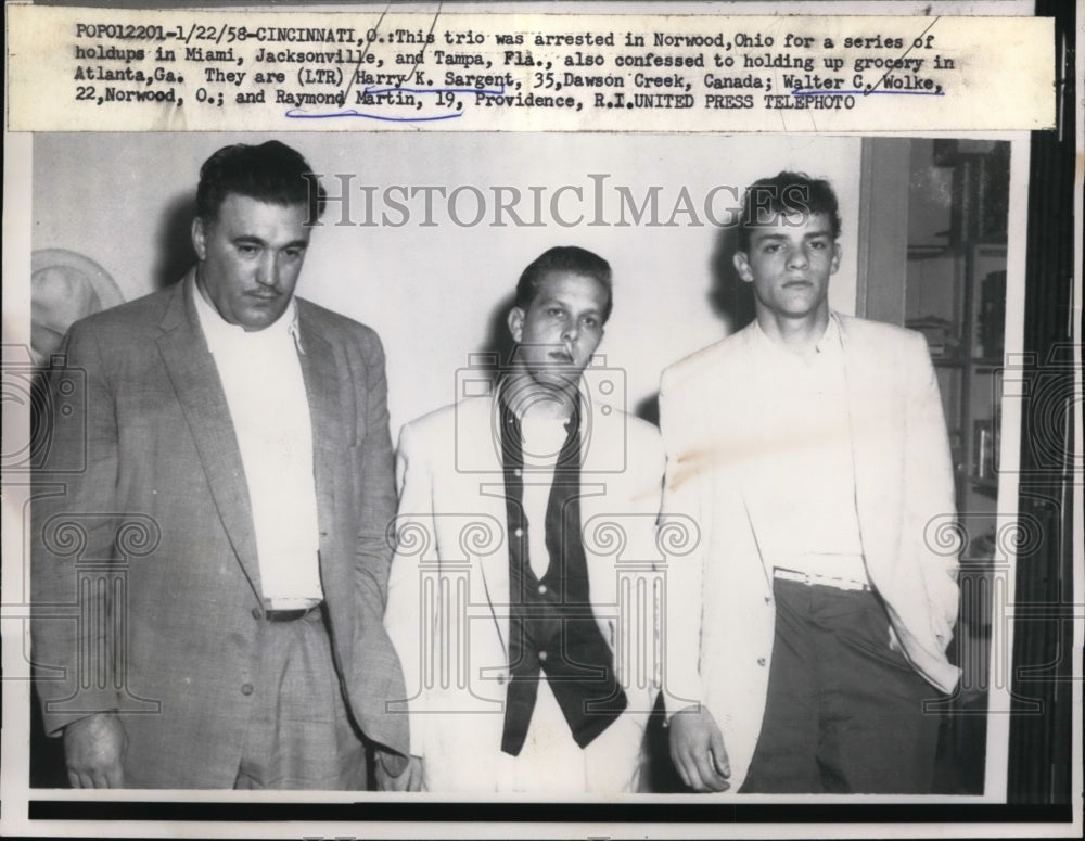 1958 Press Photo Harry K. Sargent, Walter C. Woike,Raymond Martin arrested for