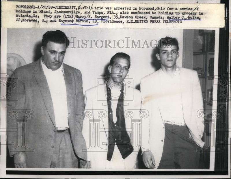 Load image into Gallery viewer, 1958 Press Photo Harry K. Sargent, Walter C. Woike,Raymond Martin arrested for
