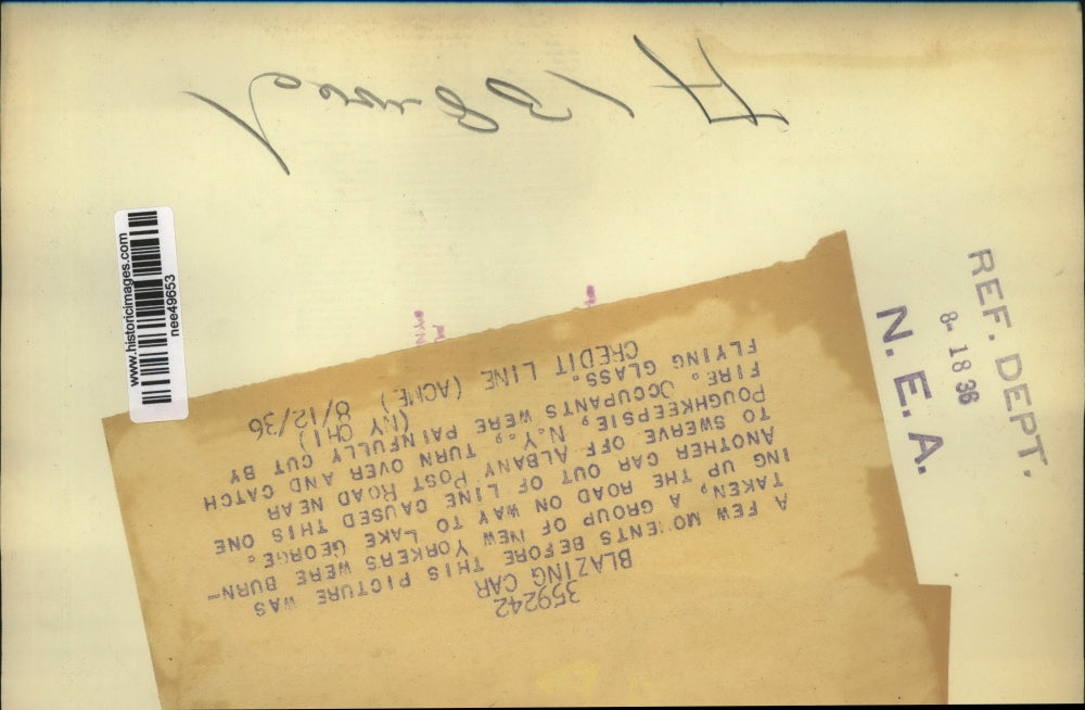 1936 Press Photo Car Swerved Off Road And Caught On Fire - nee49653