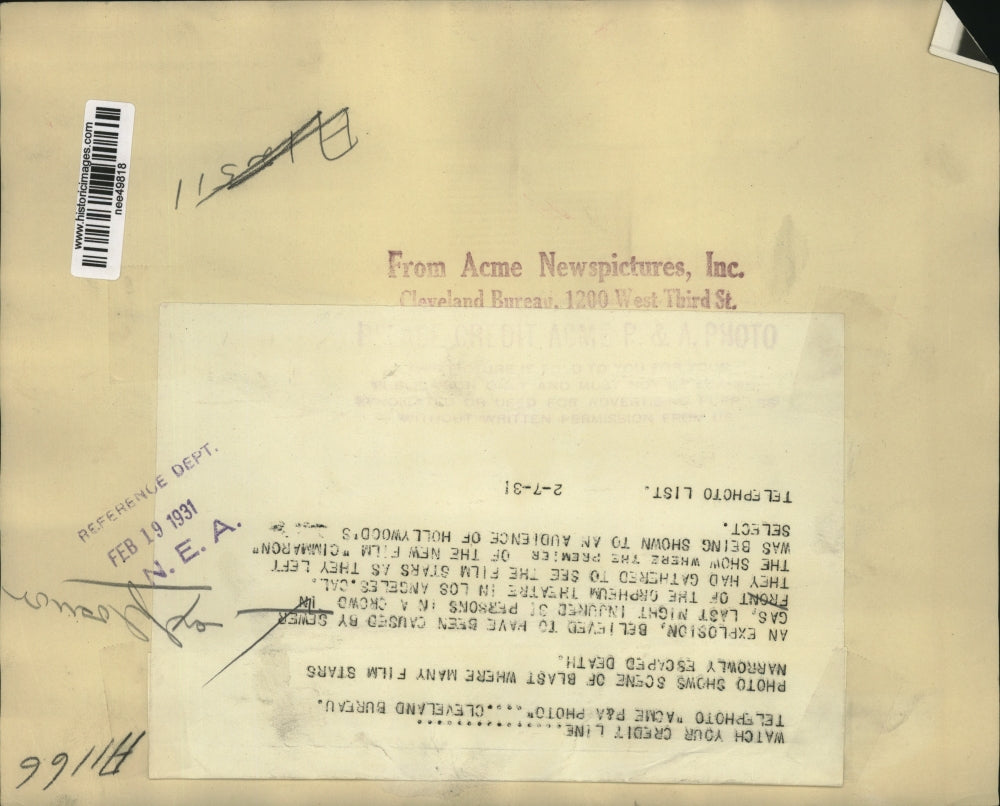 1931 Press Photo Sewer Gas Believed to Have Caused Explosion at Theater in LA