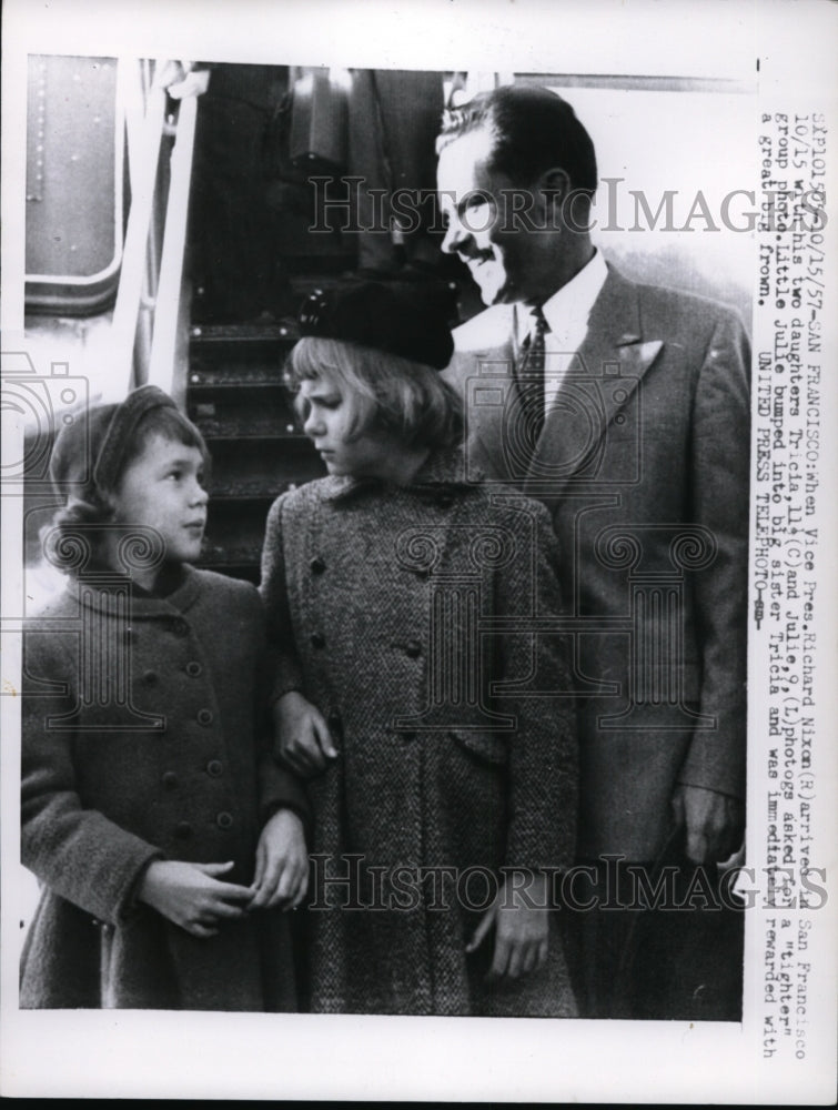 Load image into Gallery viewer, 1957 Press Photo San Francisco VP Richard Noxon &amp; daughters Tricia &amp; Julie
