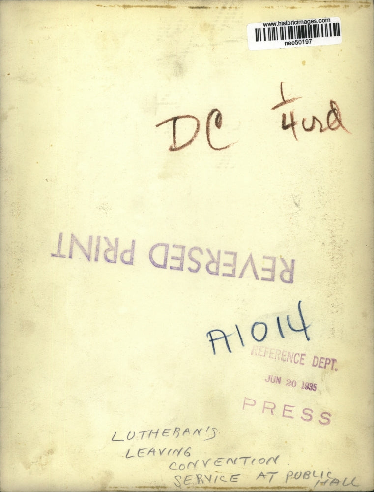 1935 Press Photo Lutherans leave convention service at Public Hall - nee50197