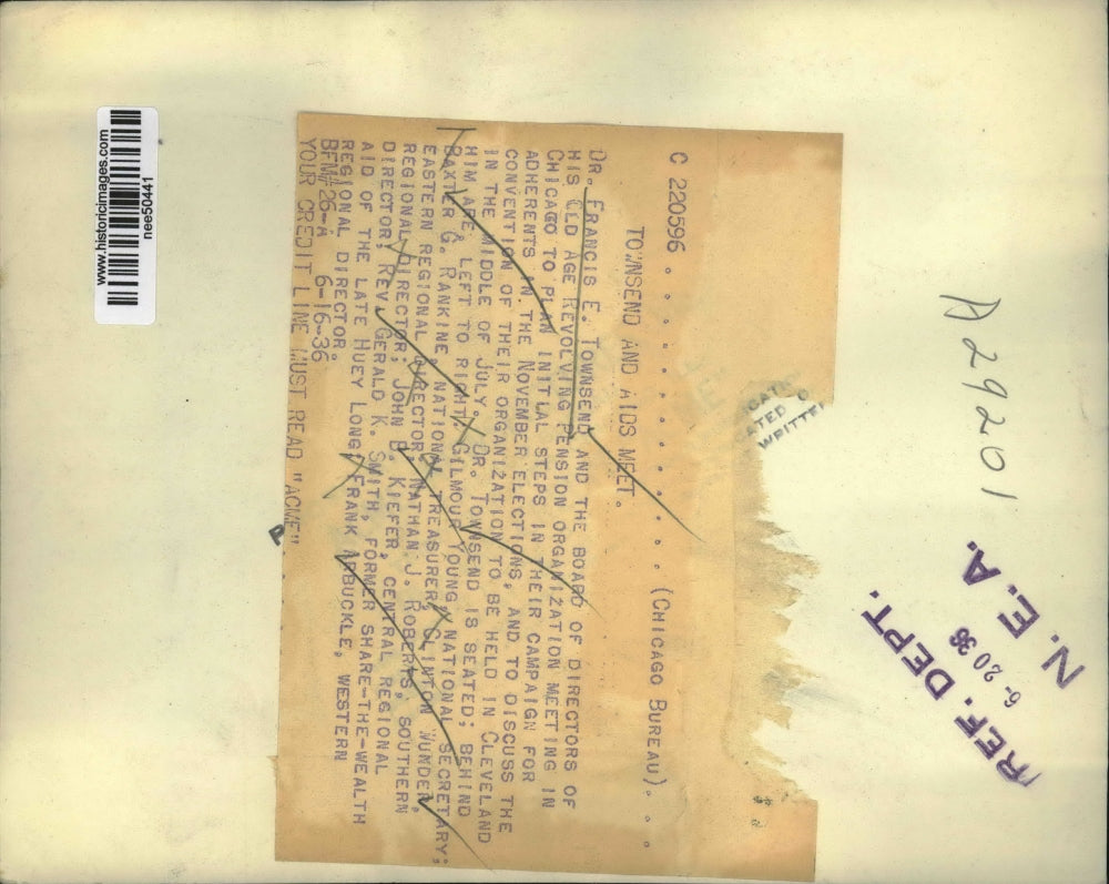 1936 Press Photo o Dr Francis Townsend Old Age Pension plan.BG Rankine