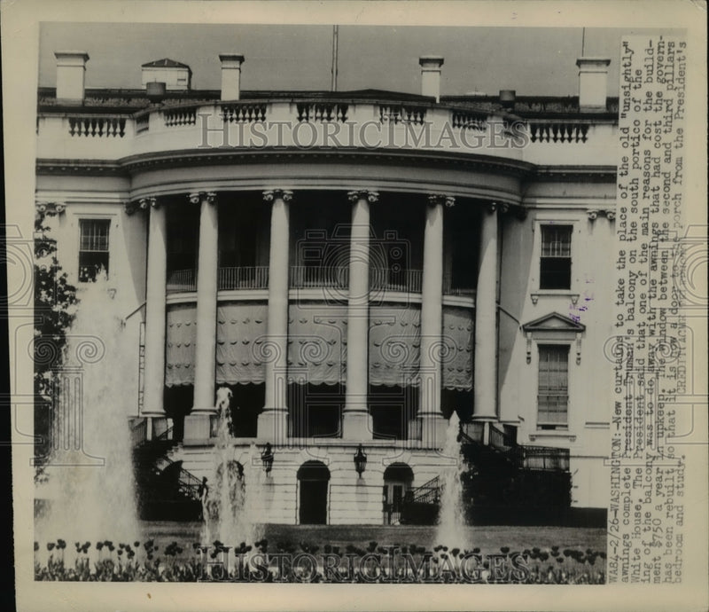 Load image into Gallery viewer, 1948 Press Photo New Curtains on President Truman's Balcony on South Portico
