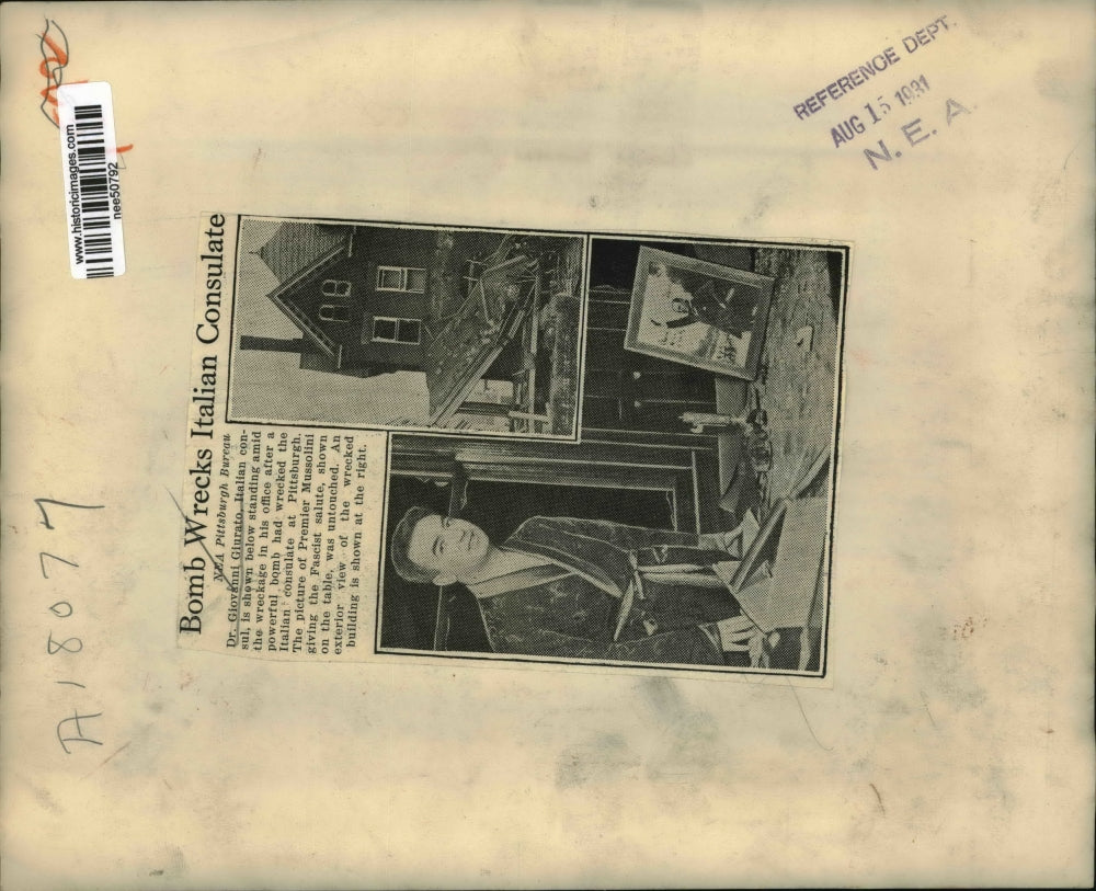 1931 Press Photo Dr Giocannai Glurato Italian Consul Shows Bomb Damage to Consul