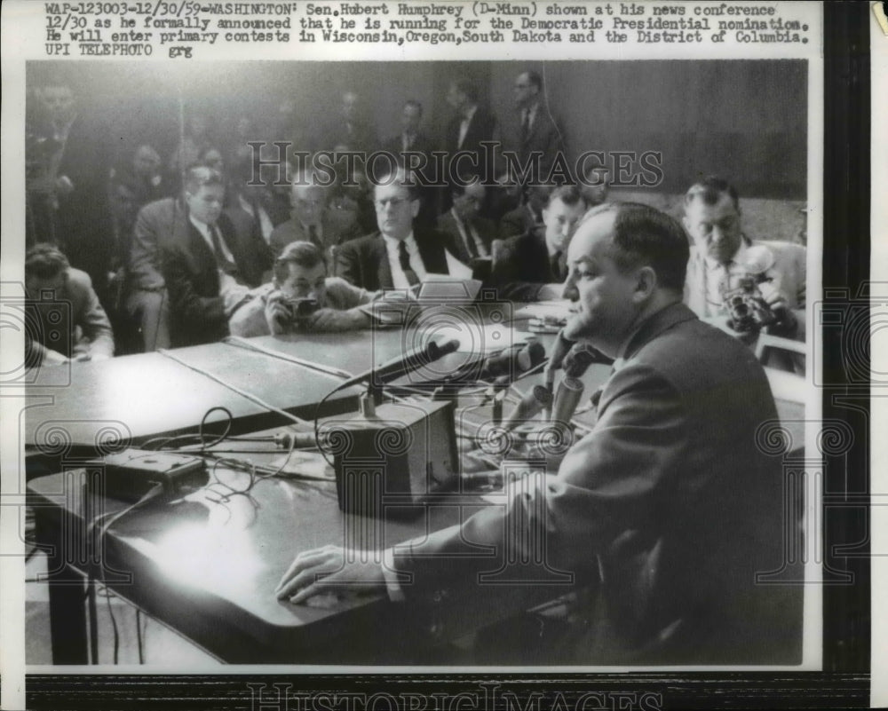 1959 Press Photo Senator Hubert H Humphrey Announcing Bid for Presidency