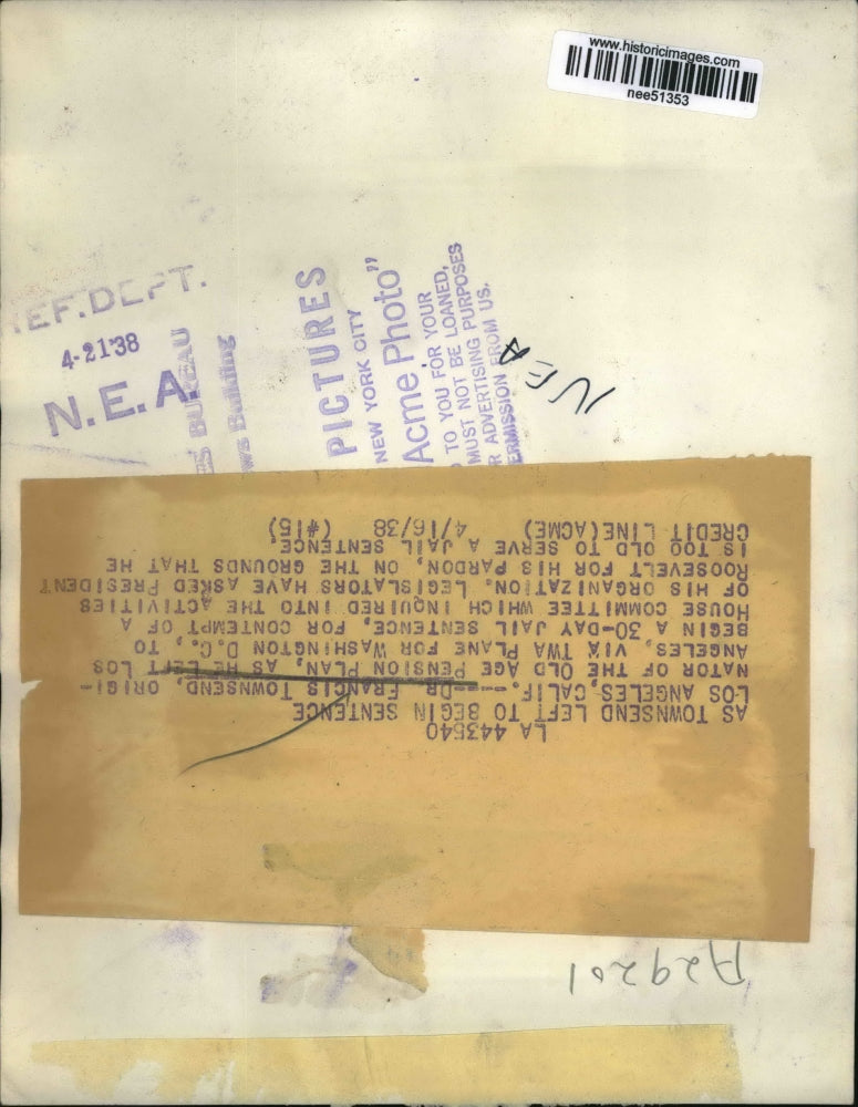 1938 Press Photo Dr. Francis Townsend Old Age Pension plan - nee51353