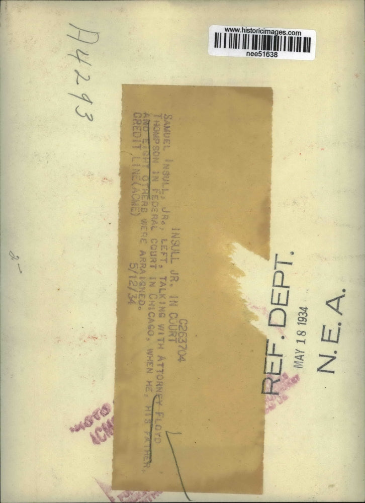 1934 Press Photo Samuel Insull Jr & attorney Floyd Thompson court arraignment