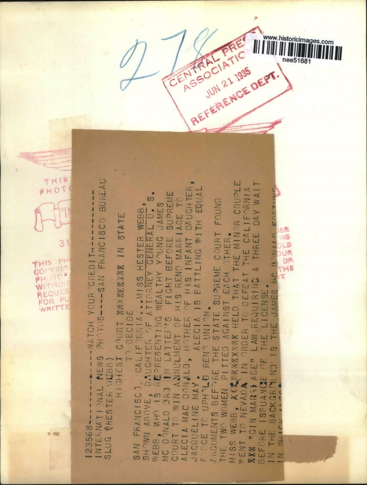 1935 Press Photo Miss Hester Webb Represents wealthy Young James McDonald