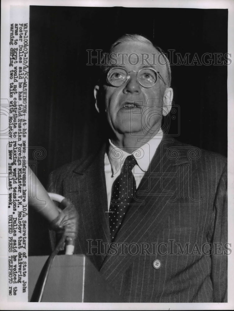 1955 Press Photo Secretary of State John Foster Dulles Speaking to Press
