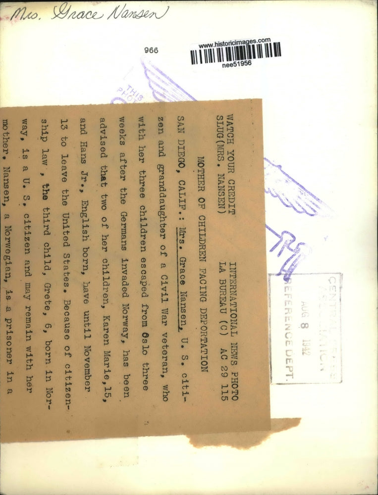 1942 Press Photo Grace Nansen, Faces Deportation After Escape from Oslo, Norway