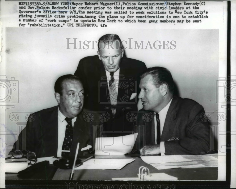 1959 Press Photo Mayor Robert Wagner, Stephen Kennedy, Nelson A. Rockefeller