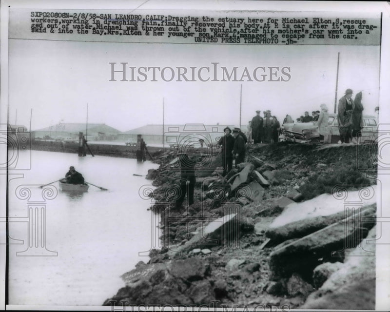 Load image into Gallery viewer, 1958 Press Photo Michael Elton 8, rescued in drenching rain in Calif. Bay.
