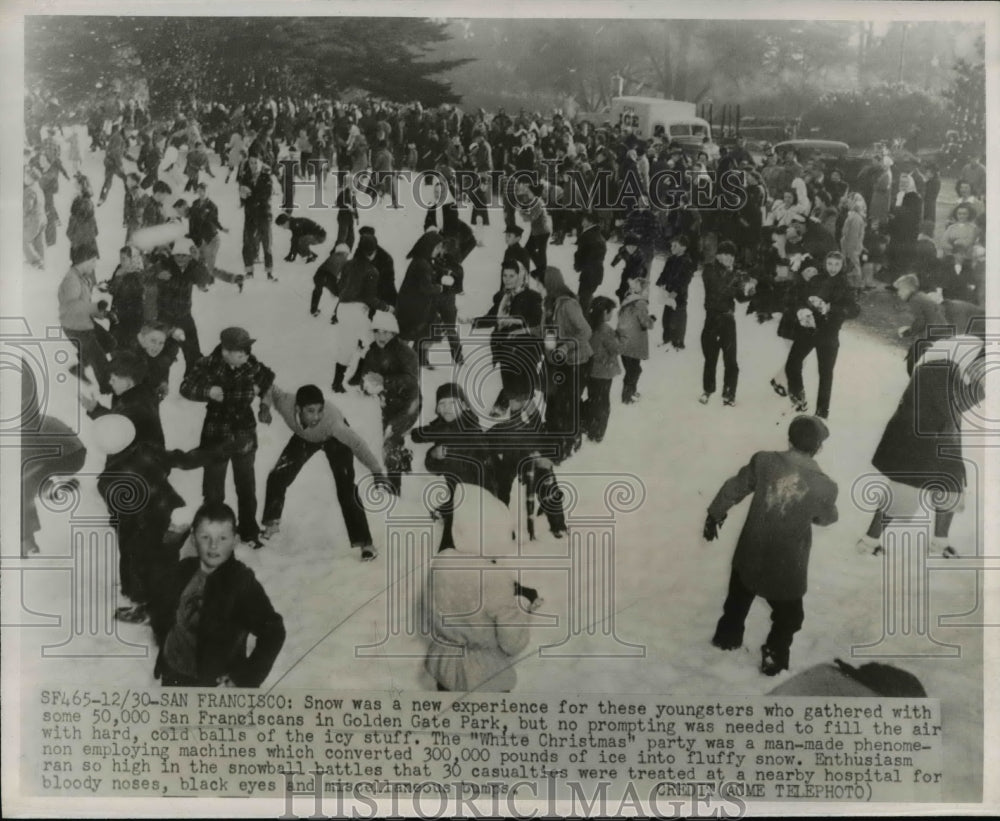 1948 Press Photo White Christmas Party San Francisco Snow Ball Fights