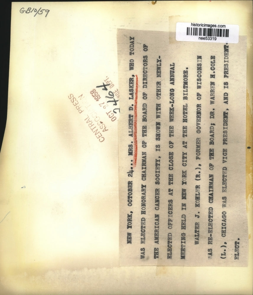 1958 Press Photo Mrs Albert D. Lasker and Fmr. Gov Walter J. Kohler WI-R