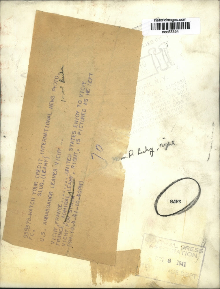 1941 Press Photo Admiral Leahy Leaves Vichy, France - nee53354