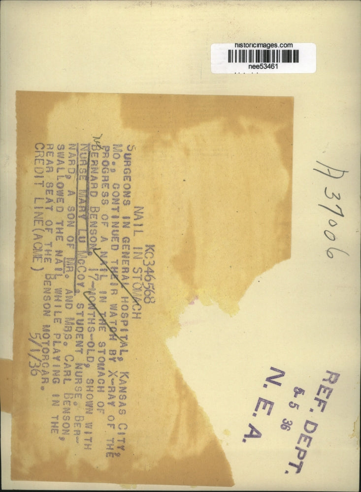 1936 Press Photo Bernard Benson, Boy with Nail inStomach and Nurse Mary Lu McCoy