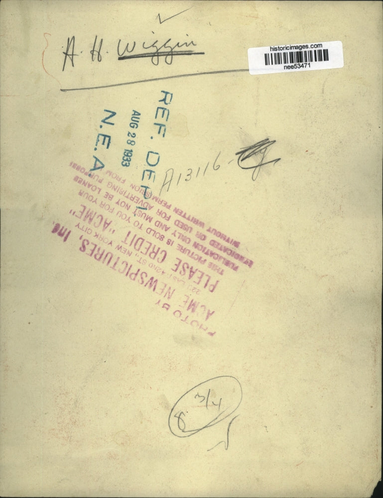 1933 Press Photo A H Wiggin