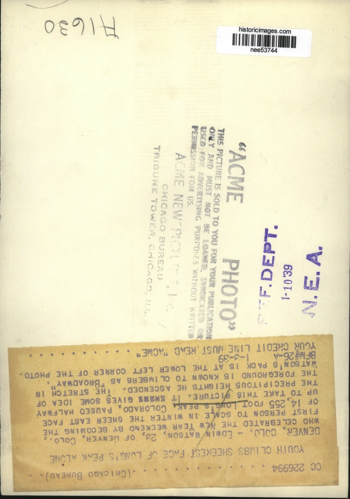 1939 Press Photo Denver Colorado, Edwin Watson Scaled Long's Peak For New Year.