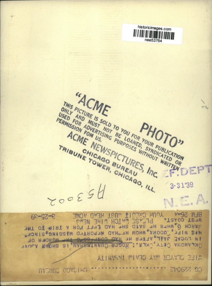 1939 Press Photo Roger Cunningram in Jail For Killing Wife Eudora - nee53764