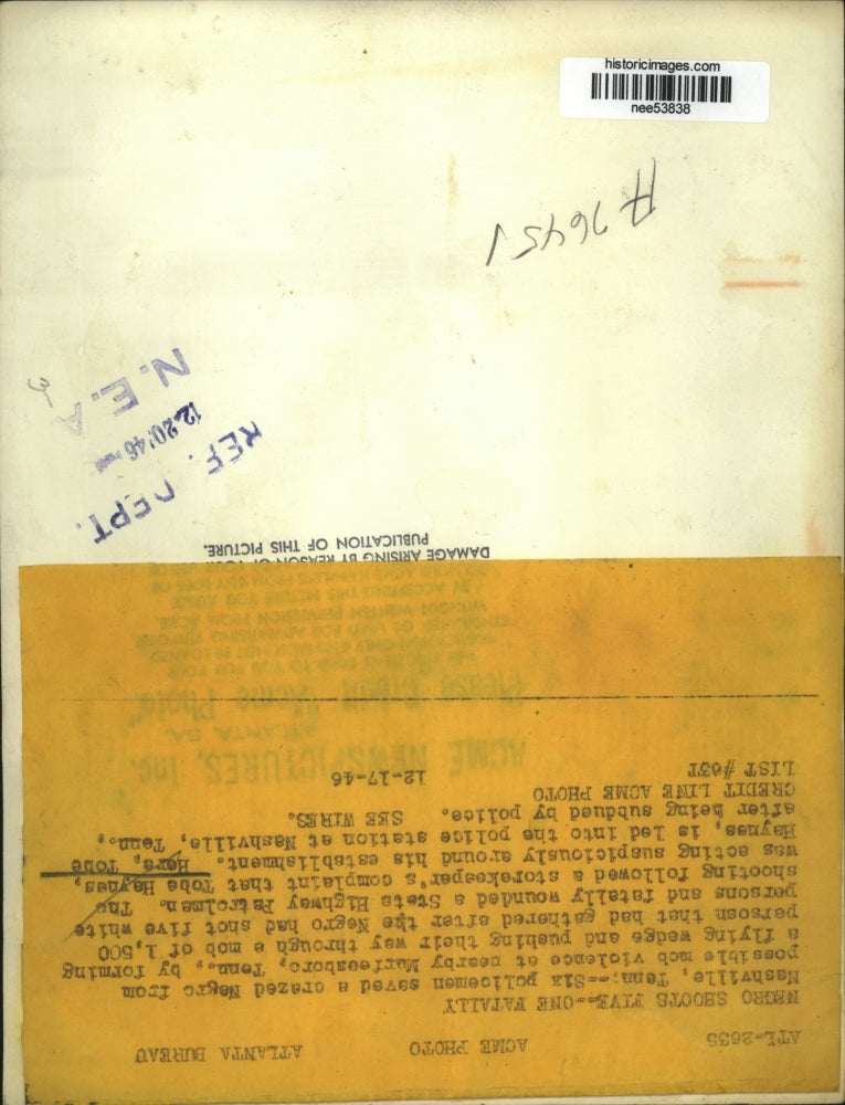 1946 Press Photo Tobe Haynes in Police Custody After Nashville Shooting