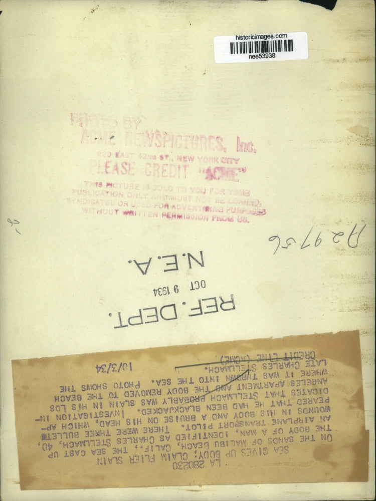 Load image into Gallery viewer, 1934 Press Photo Charles Stellamach killed in his Apart. and thrown into the sea
