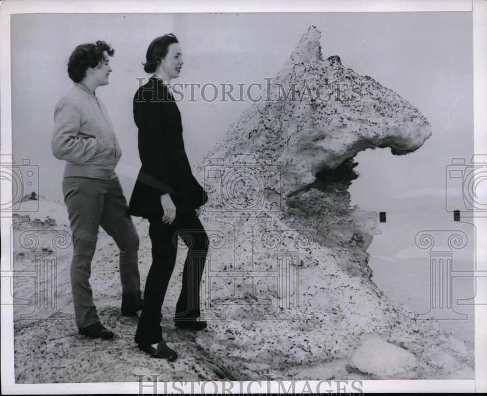 1955 Press Photo Peggy D'Arcy, Delores Harrington Chicago Horse Head ice