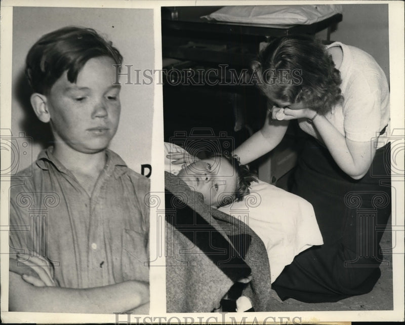 Load image into Gallery viewer, 1938 Press Photo Mrs Mildred Brown weeping by bedside of son Jackie Brown
