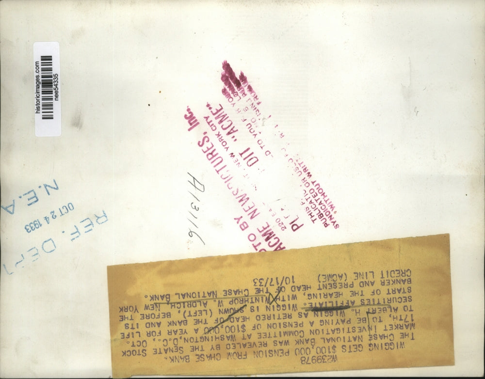 1933 Press Photo Chase Bank paying Albert Wiggin $100,000 a year pension.