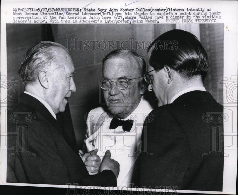 Load image into Gallery viewer, 1957 Press Photo Secretary of State John Foster Dullas &amp; German Chancellor
