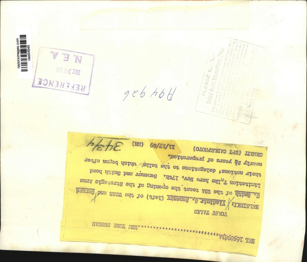 1969 Press Photo Vladimir Semenbv(L) USSR & Gerard Smith USA, Strategic Arms mtg