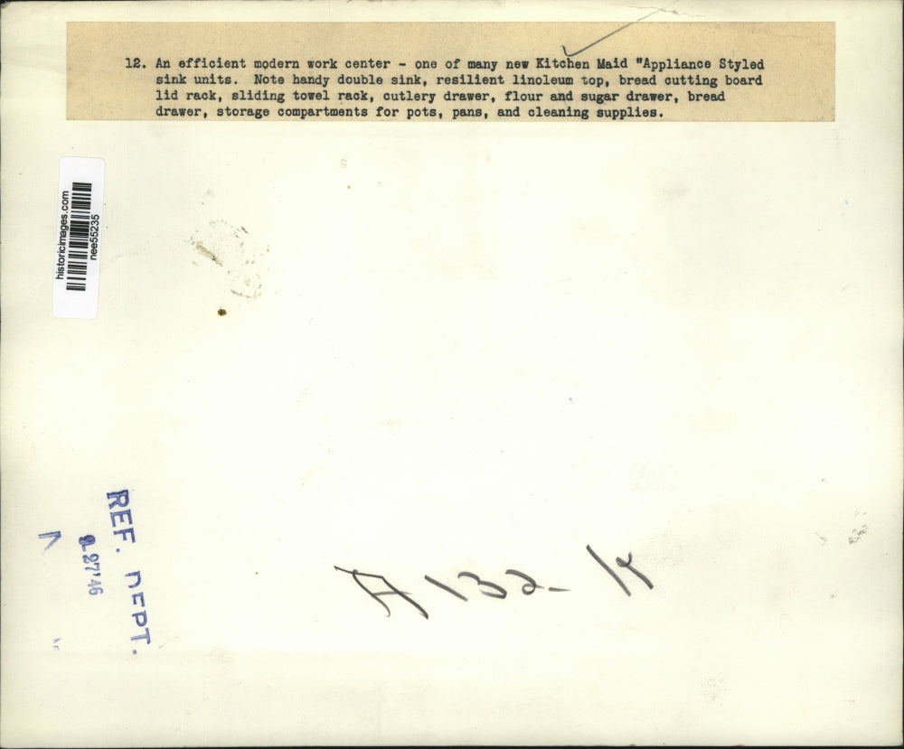 1946 Press Photo Efficient work center on of Kitchen Maid Appliance sink units.