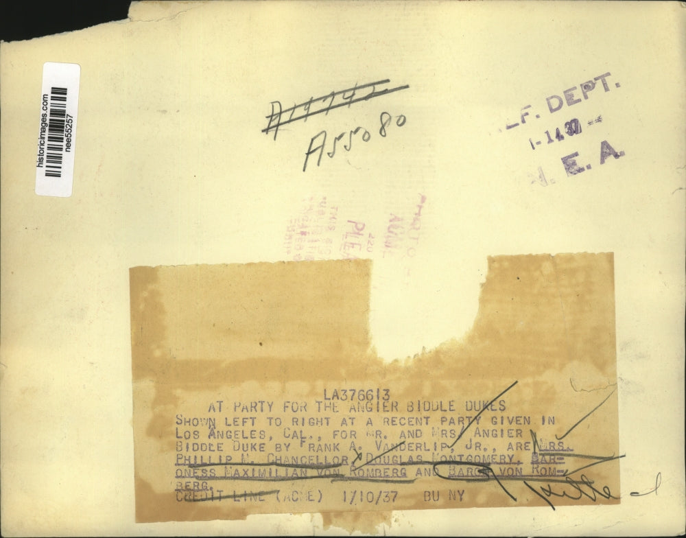 1937 Press Photo Los Angeles-Party given for Mr. and Mrs. Angier Biddle Duke.