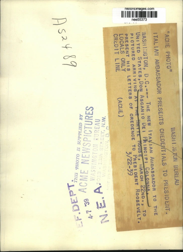 1939 Press Photo Italian Ambassador to US Don Ascanio Dei Principi Colonna