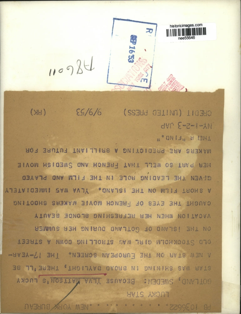 1953 Press Photo Ylva Mattson New Star on the European Screen - nee55646