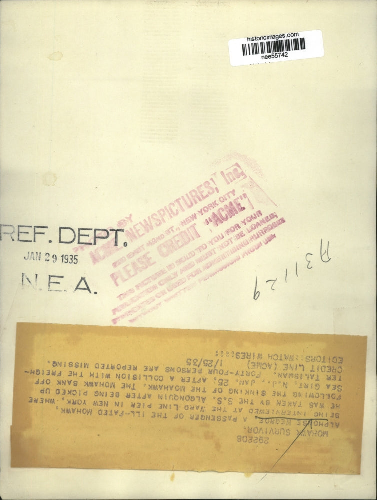 1935 Press Photo Alphonse Negroe Taken by S.S. Algonquin Mohawk Survivor