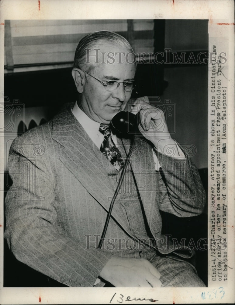 1948 Press Photo Charles Sawyer, Attorney In Cincinnati Law Office With Truman.