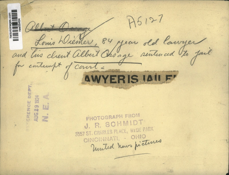 Load image into Gallery viewer, 1924 Press Photo Louis Diemer 84 and client Albert Osage contempt of court
