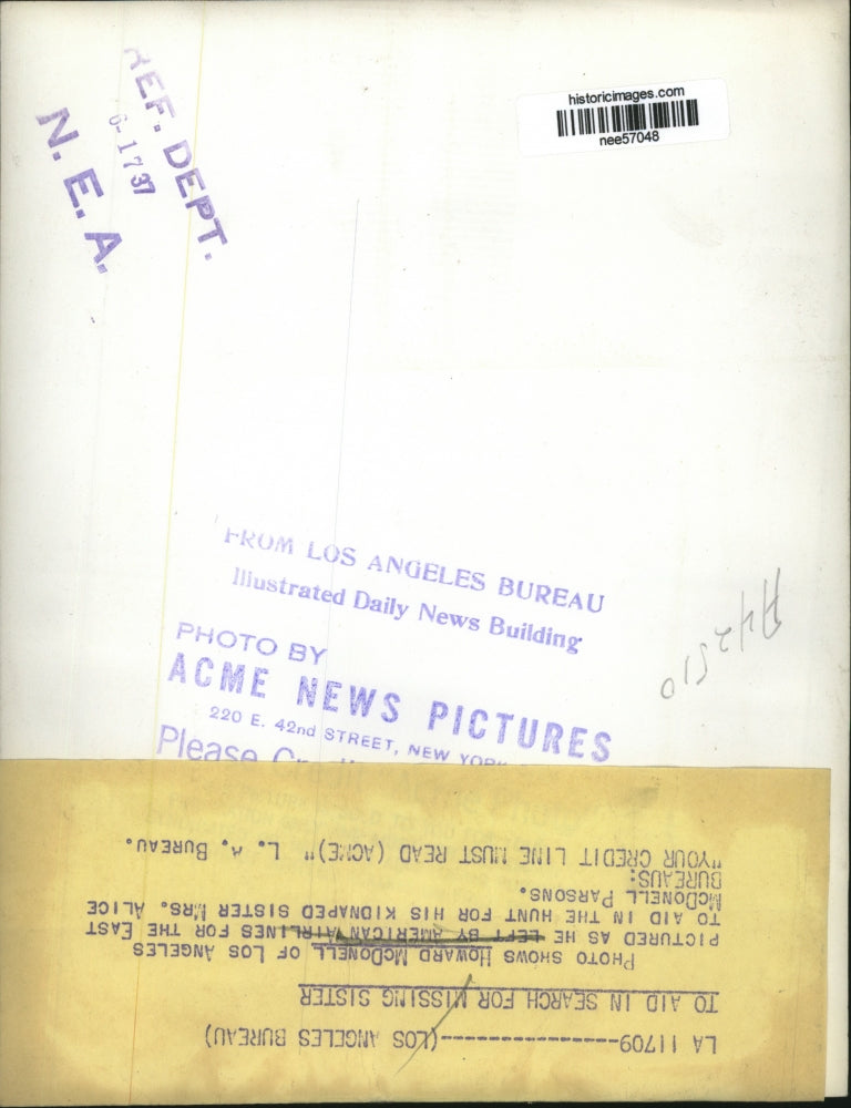 1937 Press Photo Howard McDowell heads east to aid in search for sister.